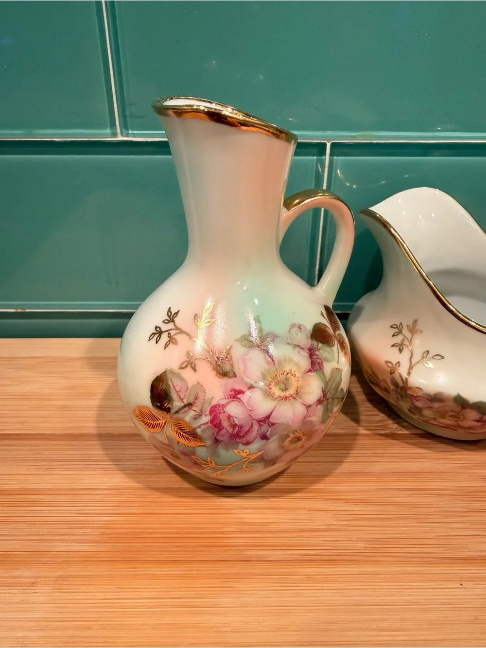 Vintage Bavaria Floral Porcelain Creamer and Pitcher Set in White with Gold Trim